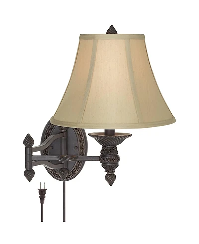 Barnes and Ivy Swing Arm Wall Lamp Bronze Plug-In Light Fixture Beige Softback Bell Shade for Bedroom Bedside Living Room Reading