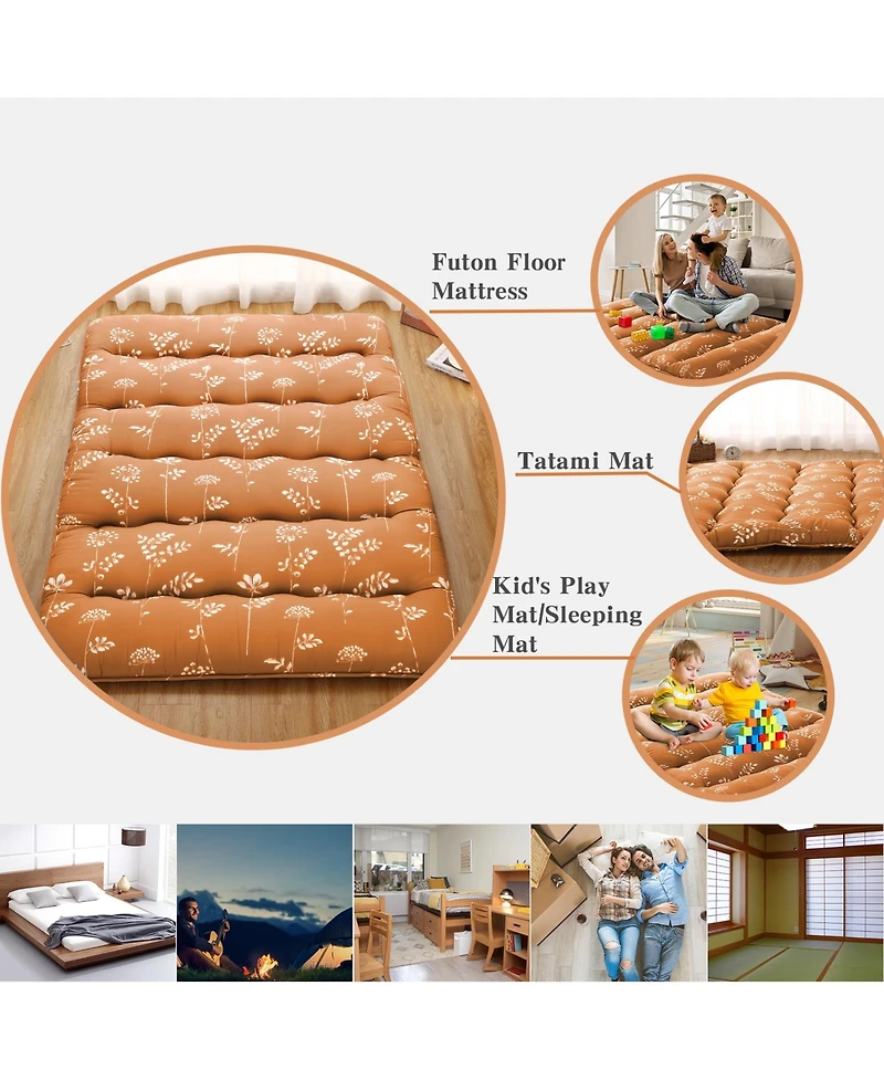 Futon Mattress Full Size, Floral Print Floor Pad Portable Dorm Sleeping Pad, 54"x 80"