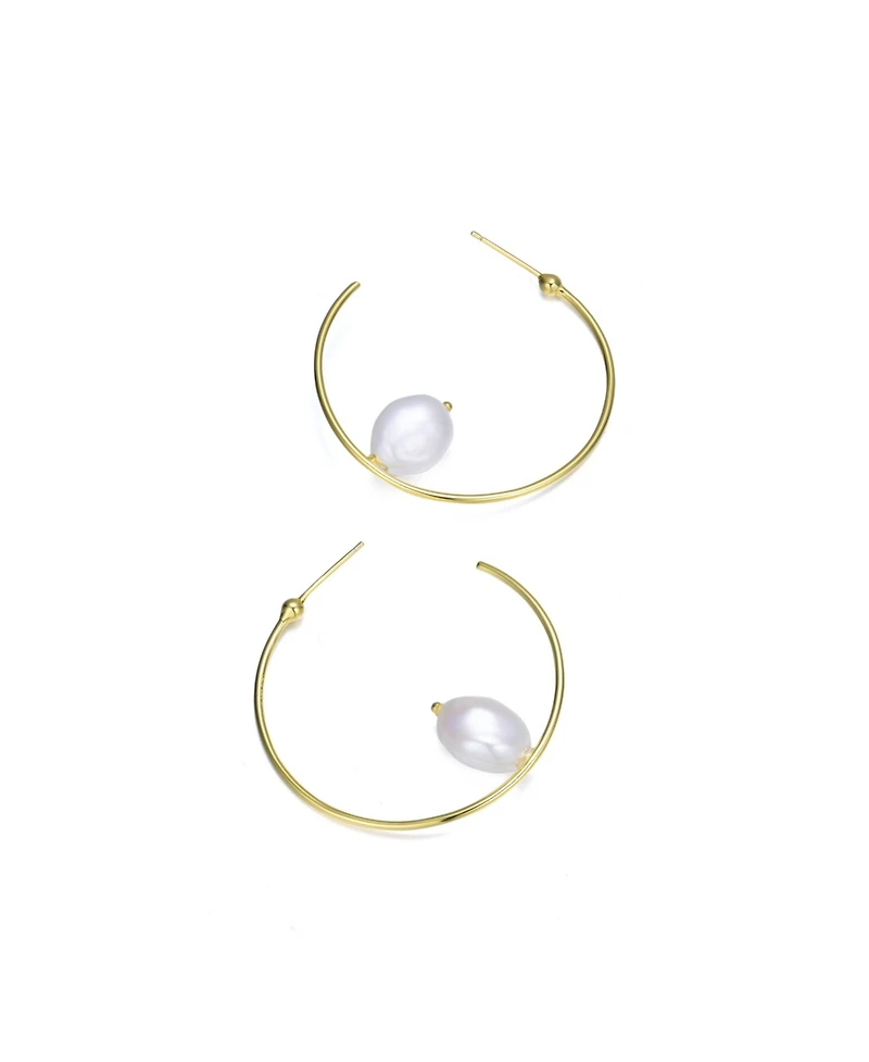 Classy Sterling Silver with Gold Plating and Genuine Freshwater Pearl Hoop Earrings