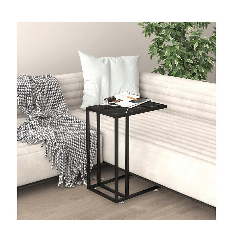vidaXL Computer Side Table Black Marble 19.7"x13.8"x25.6" Tempered Glass