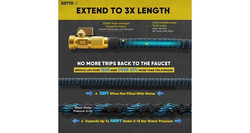 Kotto 100' Expandable Water Garden Hose: 10 Spray Nozzles, Solid Brass Connector