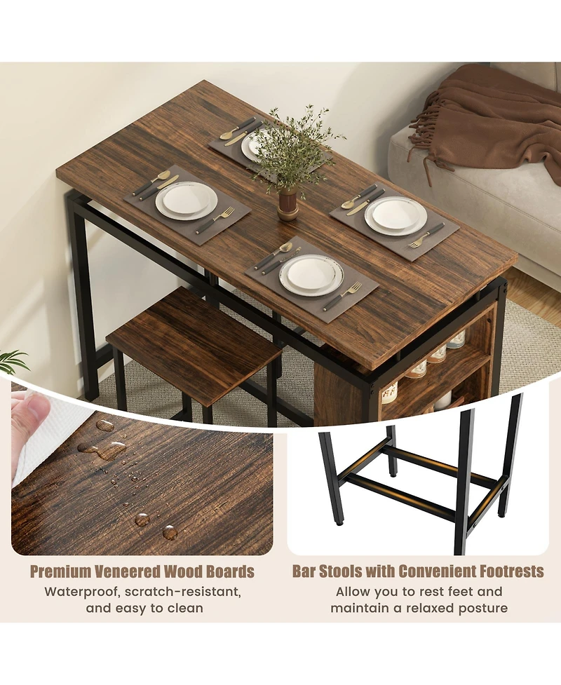 3 Pieces Dining Table Set with 3-Tier Storage Shelf and Metal Frame-Brown