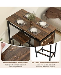3 Pieces Dining Table Set with 3-Tier Storage Shelf and Metal Frame-Brown