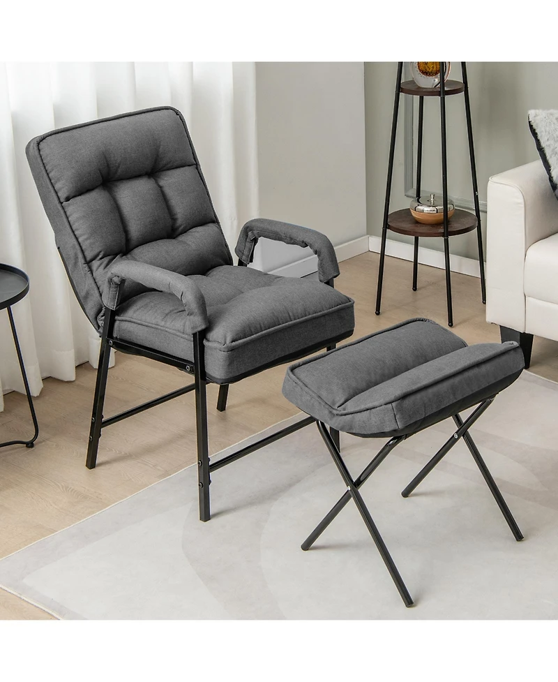 Linen Fabric Modern Accent Chair with Ottoman and Adjustable Backrest-Gray
