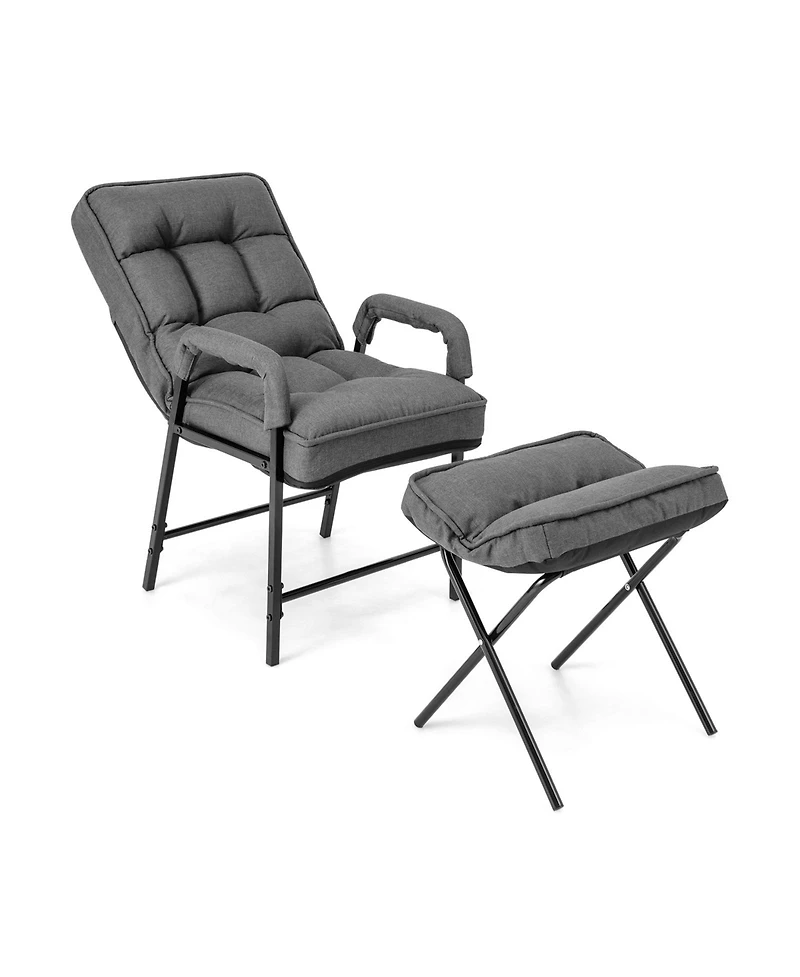 Linen Fabric Modern Accent Chair with Ottoman and Adjustable Backrest-Gray