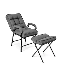 Linen Fabric Modern Accent Chair with Ottoman and Adjustable Backrest-Gray