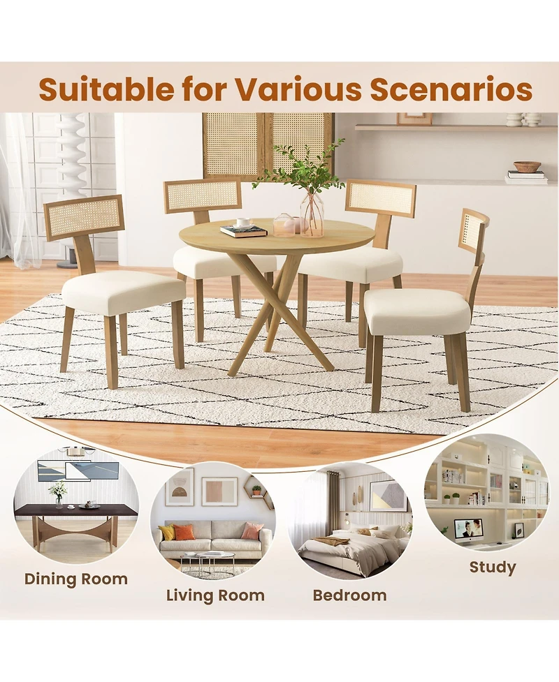 Sugift Set of 2 Linen Fabric Upholstered Accent Dining Chairs with Curved Rattan Backrests-Beige
