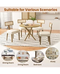 Sugift Set of 2 Linen Fabric Upholstered Accent Dining Chairs with Curved Rattan Backrests-Beige