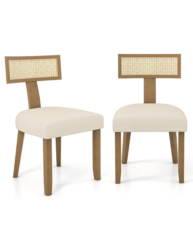 Sugift Set of 2 Linen Fabric Upholstered Accent Dining Chairs with Curved Rattan Backrests-Beige