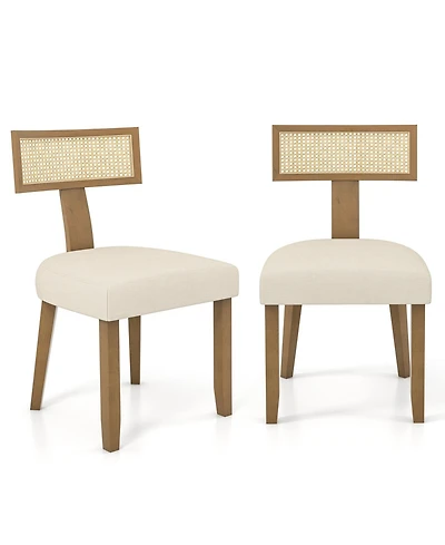 Sugift Set of 2 Linen Fabric Upholstered Accent Dining Chairs with Curved Rattan Backrests-Beige