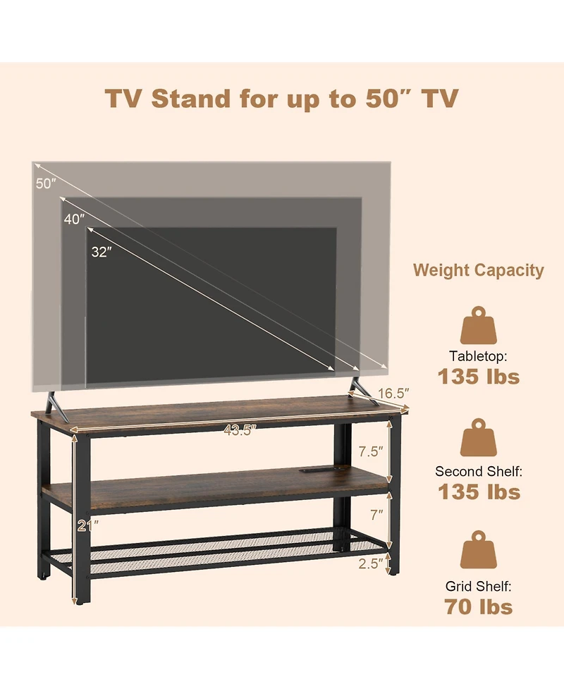 Industrial Tv Stand up to 50 Inches with Power Outlets and Usb Ports-Rustic Brown