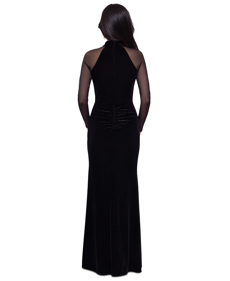 Betsy & Adam Petite Illusion-Sleeve Velvet Gown