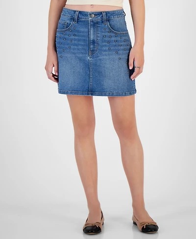 Tinseltown Juniors' Studded Denim Mini Skirt