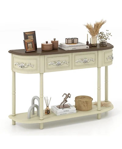 Retro Curved Console Table with Drawers and Solid Wood Legs-Beige