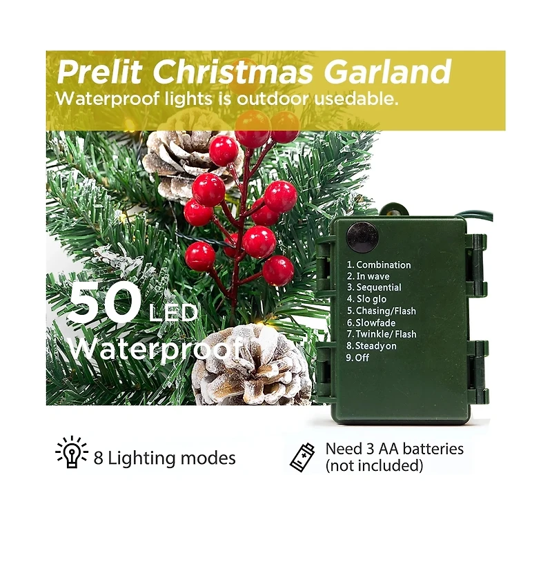 Cowin 9ft Christmas Garland Battery Operated Waterproof 50 Light 220 Branches Pine Cones and Berries