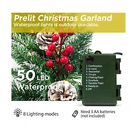 Cowin 9ft Christmas Garland Battery Operated Waterproof 50 Light 220 Branches Pine Cones and Berries