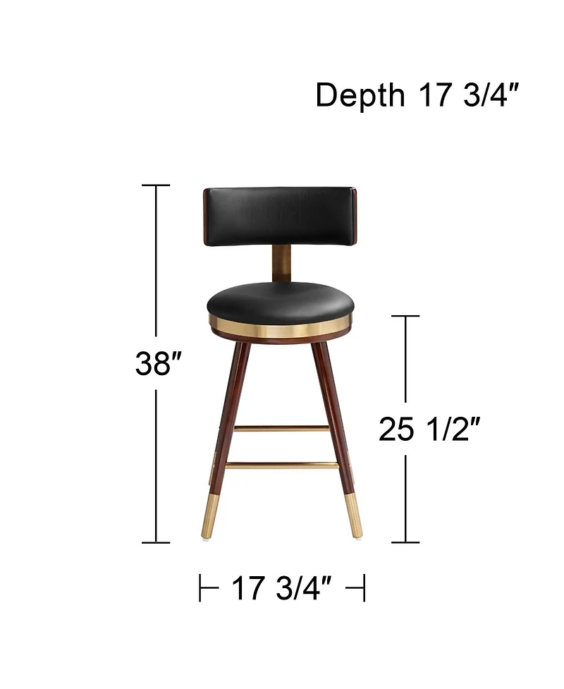 Studio 55D Parker Walnut Metal Bar Stool Brown Gold 25 1/2" High Modern Black Leather Cushion with Backrest Footrest for Kitchen Counter Height I