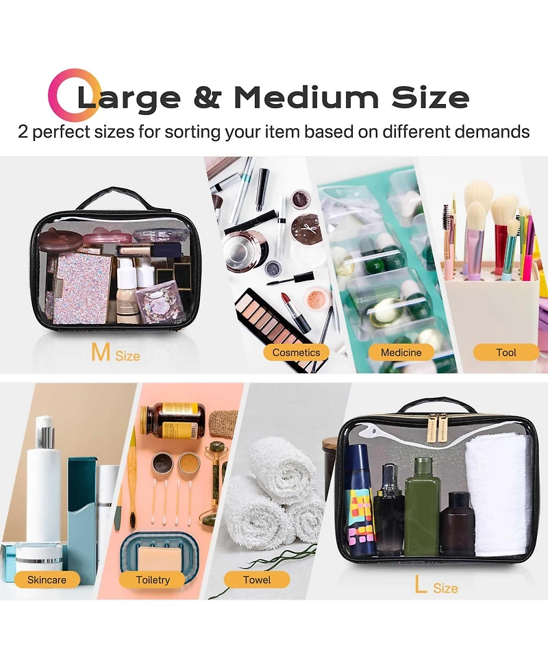 Byootique Set of 2 Clear Makeup Bag Cosmetic Organizer Travel Toiletry Pouch Handle Zipper for Artist Pink