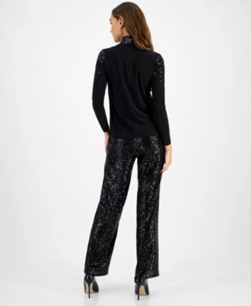 Anne Klein Womens Sequin Shoulder Turtleneck Top Sequin Pull On Pants