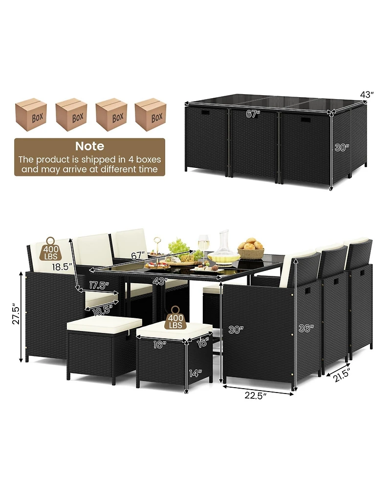 11 Piece Patio Dining Set Wicker Chairs and Tempered Glass Table with Waterproof Cushions-Black & White