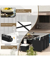 11 Piece Patio Dining Set Wicker Chairs and Tempered Glass Table with Waterproof Cushions-Black & White