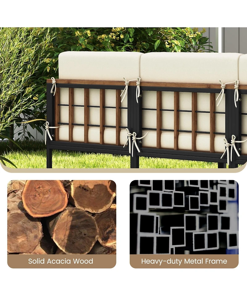 6 Pieces Acacia Wood Patio Furniture Set with Coffee Table and Ottomans-Beige