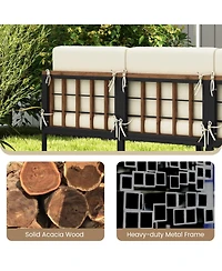 6 Pieces Acacia Wood Patio Furniture Set with Coffee Table and Ottomans-Beige