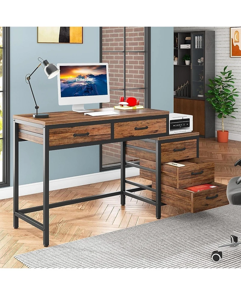 Tribesigns Computer Desk with 5 Drawers, Home Office Desks with Reversible Drawer Cabinet Printer Stand, Rustic Study Writing Table Workstation