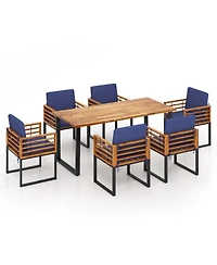 7pcs Patio Acacia Wood Dining Chair & Table Set Heavy-Duty Space-Saving Outdoor