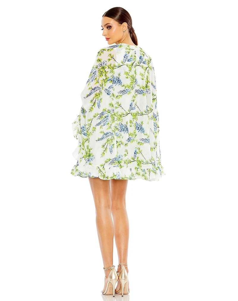 Mac Duggal Women's Floral Print High Neck Ruffle Hem Cape Mini Dress