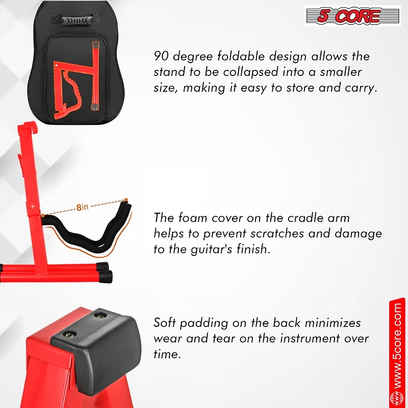 5 Core Guitar Stand Floor A Frame Adjustable Folding Holder With Rubber Feet Heavy Duty Electric Acoustic Bass Cello Stands Pair - Red
