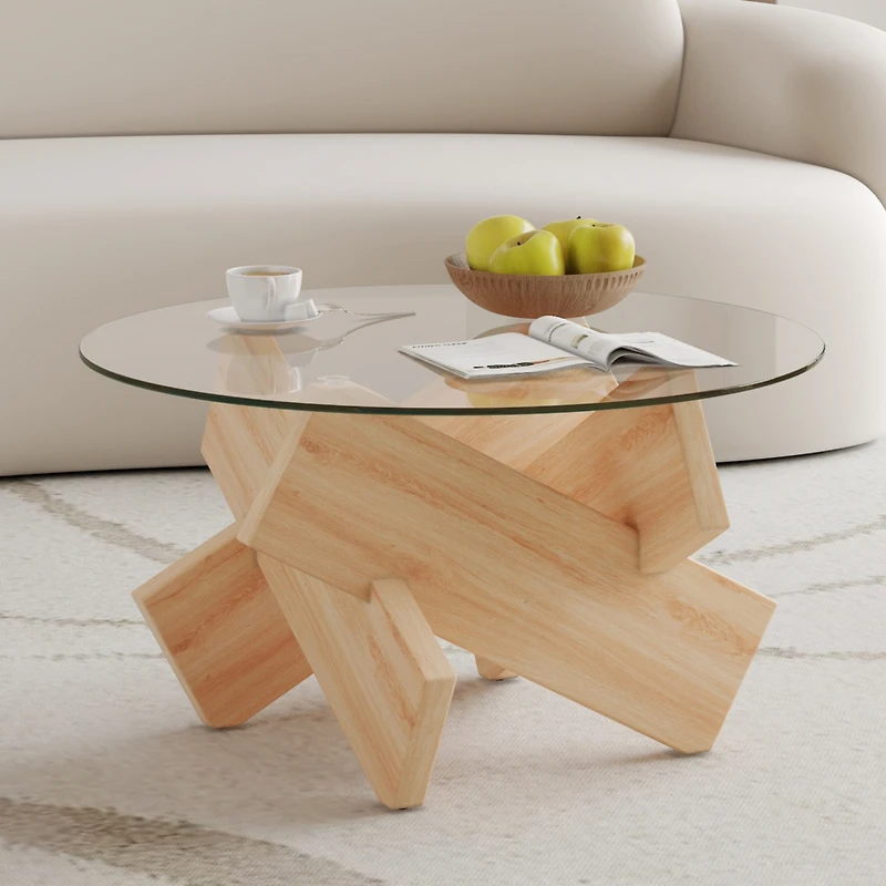 Streamdale Furniture Modern Circular Glass Coffee Table with Wood Legs