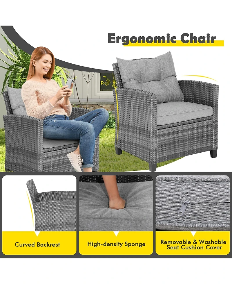 3PCS Patio Rattan Furniture Bistro Set Cushioned Sofas Side Table Armrest