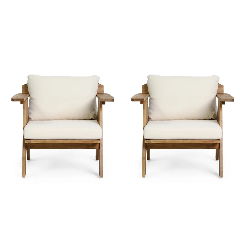 Teak Finish Acacia Club Chairs with Cushions (Set of 2)