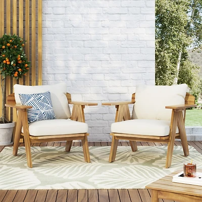 Teak Finish Acacia Club Chairs with Cushions (Set of 2)