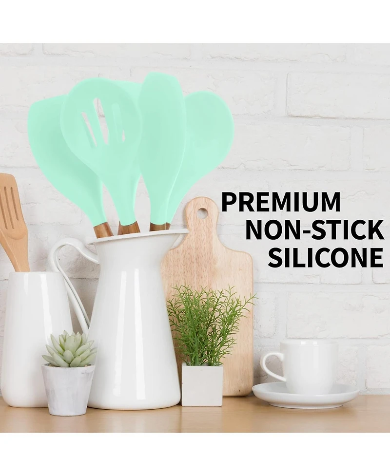5 Piece Silicone Utensils Set with Authentic Acacia Wood Handles