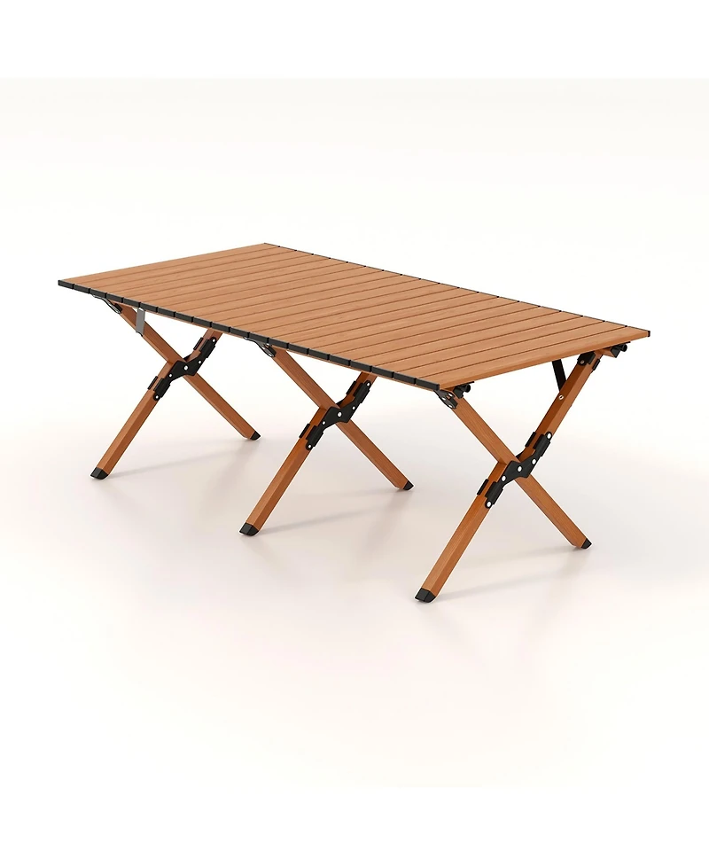 Folding Aluminum Camping Table with Carry Bag Roll-Up Picnic Table with Wood Grain