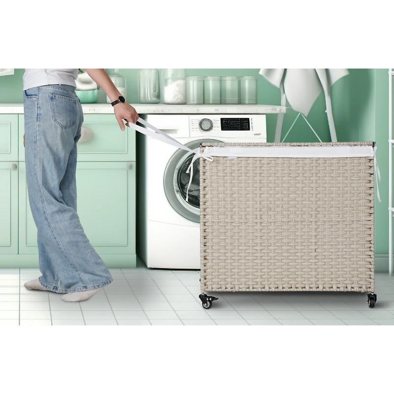 Powder-Coated Rattan Laundry Hamper with Removable Bags and Wheels
