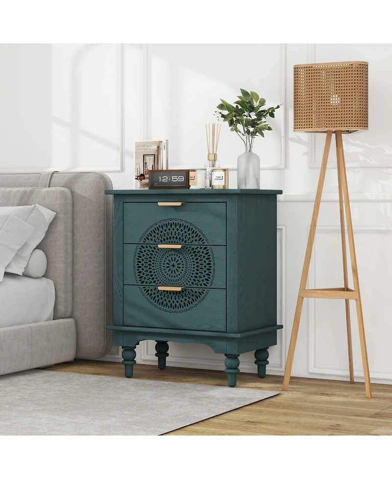 Simplie Fun 3-Drawer Carved Dresser Chest with Metal Handles