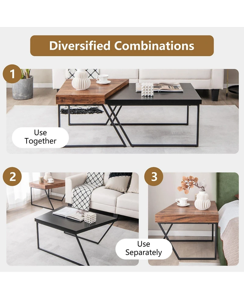 Sugift Coffee Table Set of 2 with Powder Coated Metal Legs-Black