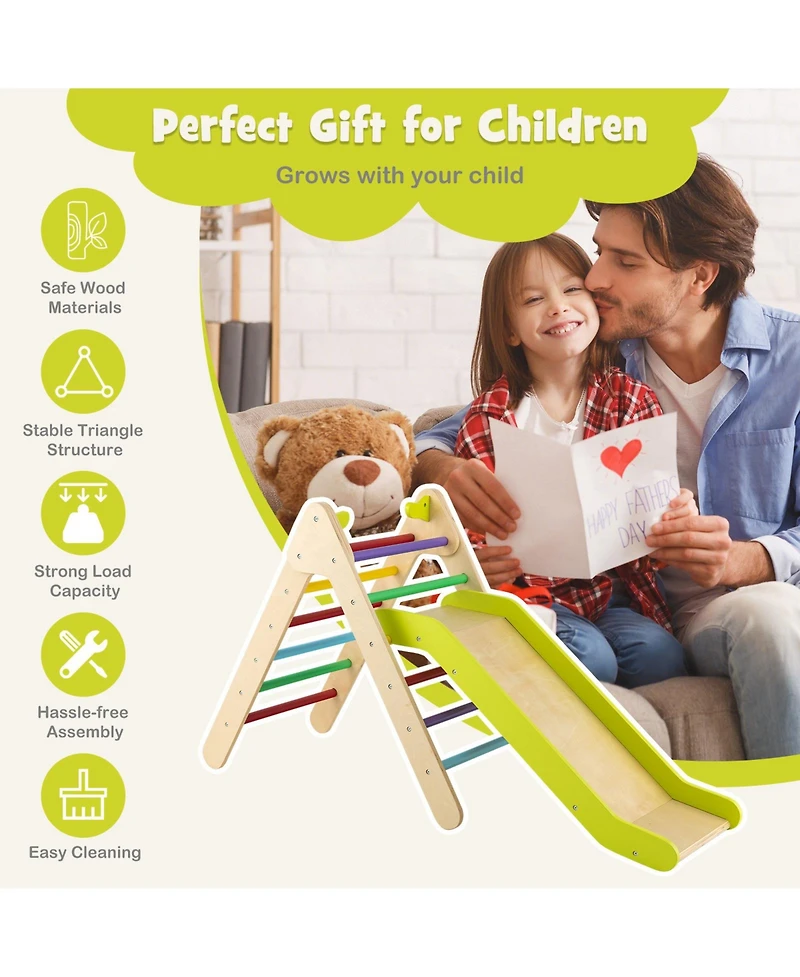 Sugift 2-in-1 Wooden Triangle Climber Set with Gradient Adjustable Slide