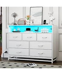 gaomon Modern White 7-Drawer Dresser with Charging Station and Led Lights
