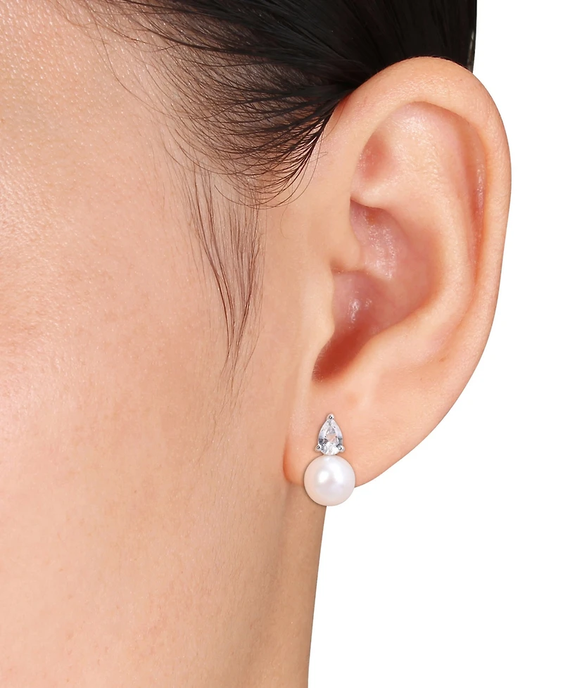 Cultured Freshwater Pearl (8-1/2mm) and Birthstone Stud Earrings 18k Gold-Plated Sterling Silver, Rose Silver or