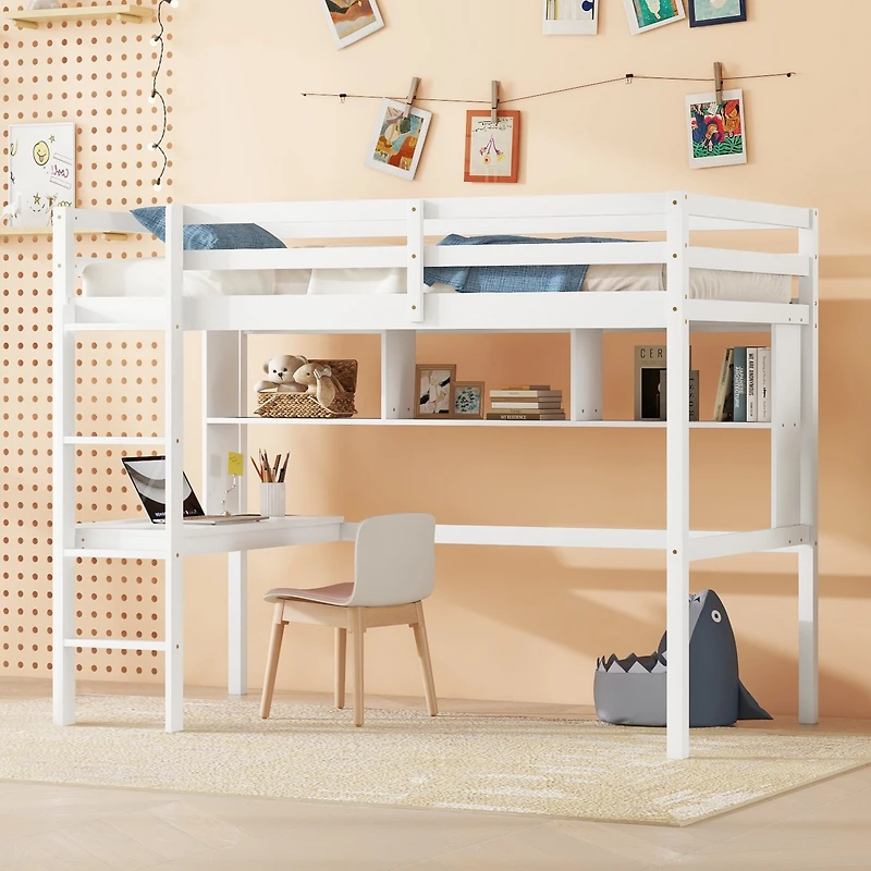 Streamdale Furniture Twin Loft Bed with Desk, Bookcase, and Guardrails in White