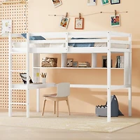 Streamdale Furniture Twin Loft Bed with Desk, Bookcase, and Guardrails in White
