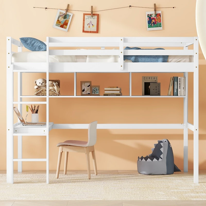 Streamdale Furniture Twin Loft Bed with Desk, Bookcase, and Guardrails in White