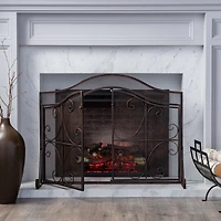 Streamdale Gary Modern 3-Panel Iron Fire Screen With Doors, Black Copper Finish