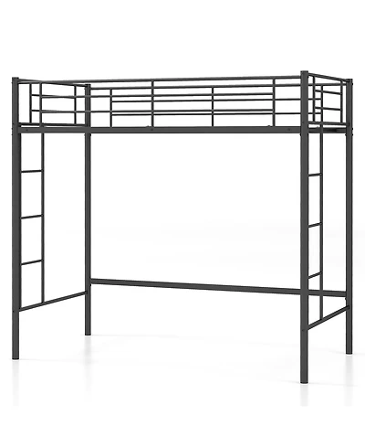 Gymax Metal Twin Loft Bed Space-saving Loft Bed Frame w/ Full-length Safety Guardrail 2 Ladders Black
