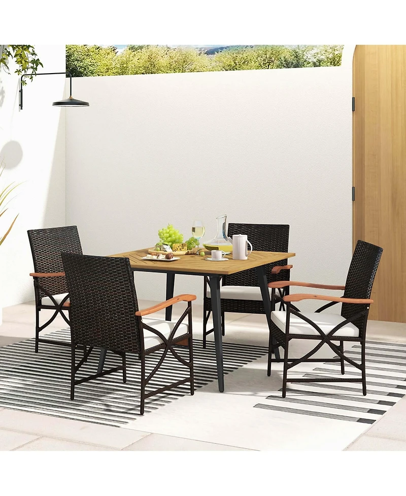 5 Pcs Patio Pe Wicker Dining Set Table and Chairs with Cushions 1.9" Umbrella Hole