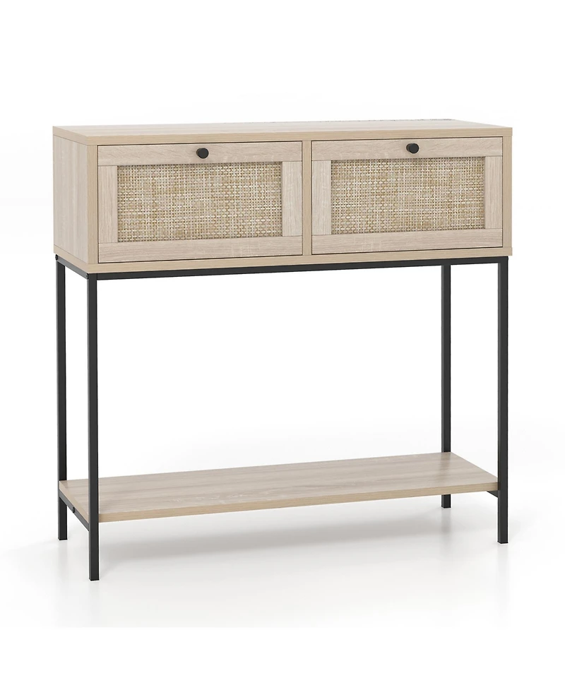 Sugift Rattan Console Table Boho Entryway Table with 2 Rattan Drawers and Open Storage Shelf-Oak